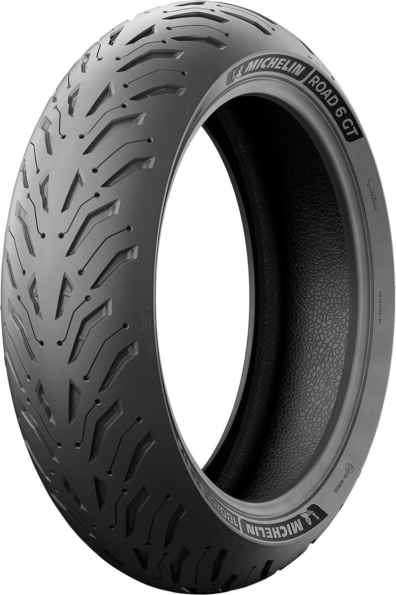 Rear Michelin Road 6 GT motorcycle tire, 190/50ZR17 size with 73W rating, featuring tread pattern for road performance.