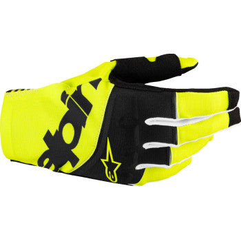 Alpinestars Techstar MX gloves in black and fluo yellow, size 2XL, showing the durable racing glove design with adjustable wrist closure.