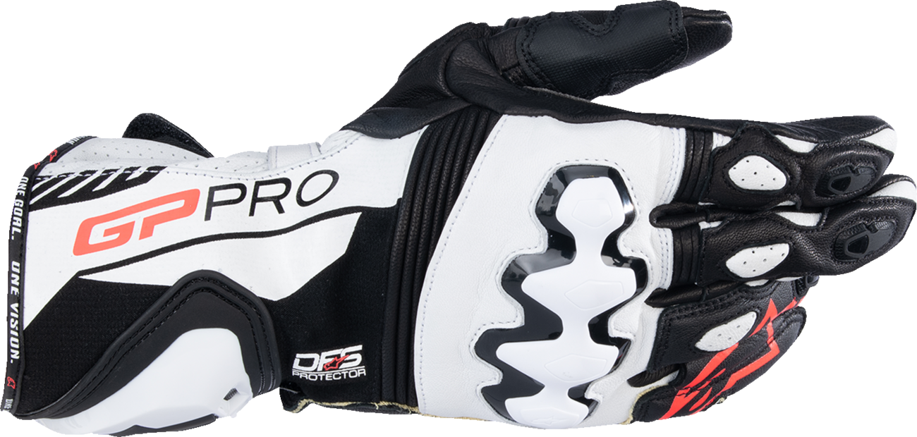 Alpinestars GP Pro R4 racing gloves in black and white with protective design, small size, suitable for motorcycle riding.
