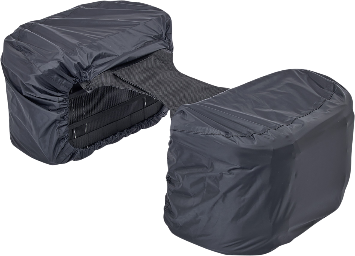 Black Biltwell Exfil-18 saddlebags mounted on a motorcycle, showcasing durable bag design and secure attachment features.