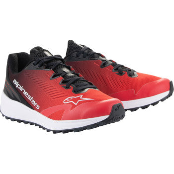 Alpinestars Meta Road V2 motorcycle shoes in red, black, and white, US size 8, featuring protective design and sporty style.