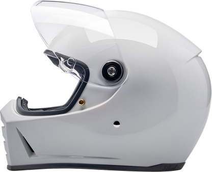 Gloss white BILTWELL Lane Splitter motorcycle helmet with visor and ventilation, medium size, featuring sleek design and branding details.