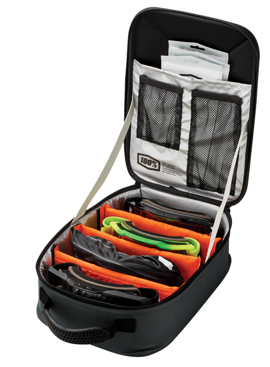 Black goggle case for goggles, branded Bill's Exhausts Tech 01001-487-01, with protective foam interior and secure zipper closure.