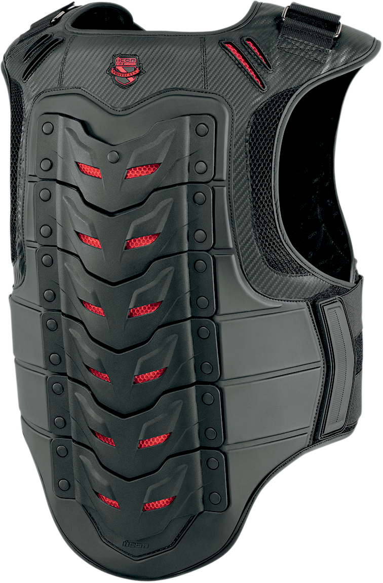 Black ICON Field Armor Stryker vest by Bill's Exhausts, shown in size S/M with detailed protective design.