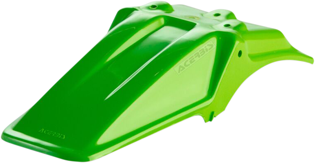 A green Acerbis rear fender for motorcycles, showcasing its body design and mounting points, designed for durability and style.