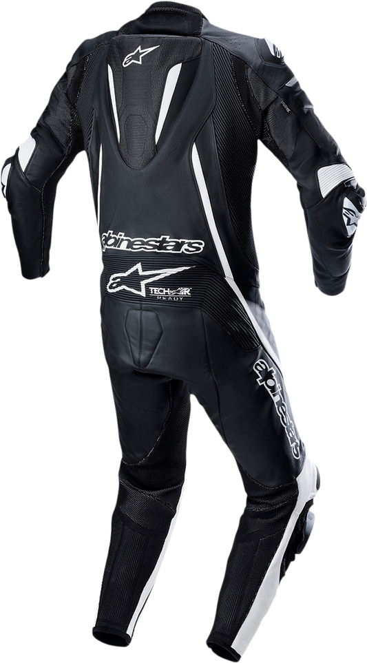 Alpinestars Fusion 1-Piece leather motorcycle suit in black and white, US 44 / EU 54, displayed on a plain background.