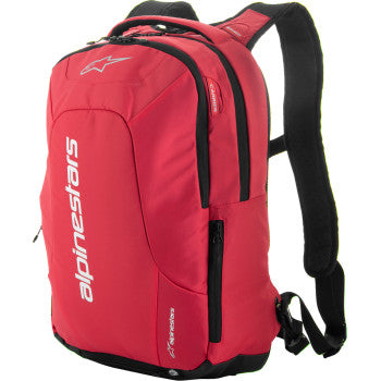 Alpinestars City Hunter Backpack V2 in red and black with multiple compartments, padded straps, and sporty design.