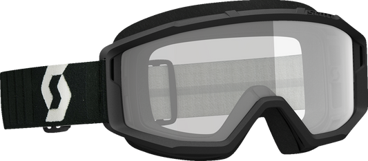 Scott Primal Goggles in black and gray with clear lenses, designed for engine protection and comfort.
