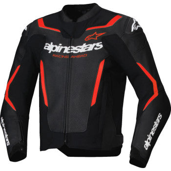 Black and red Alpinestars GP Force Air Flo leather motorcycle jacket with protective armor, size 50, displayed on a hanger.
