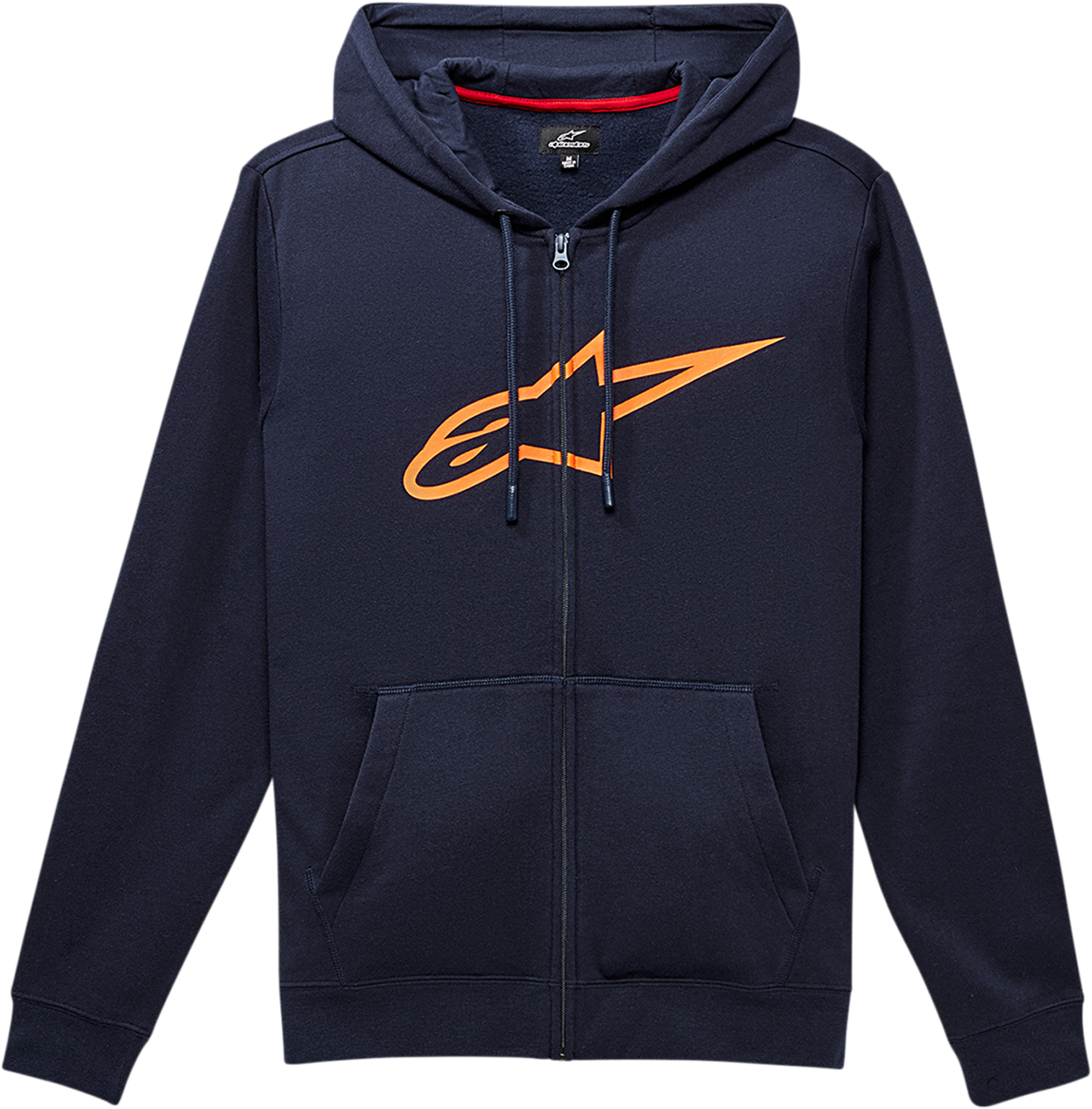 Alpinestars Ageless 2 zip hoodie in navy and orange, large size, featuring a front zipper and casual fit.