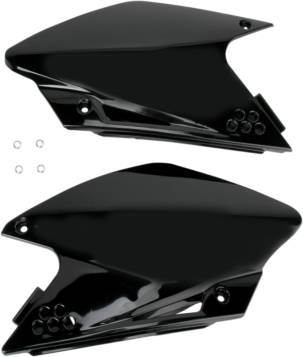 Acerbis black side panels for motorcycle body, product code 2043410001, shown on a clean, detailed motorcycle part.