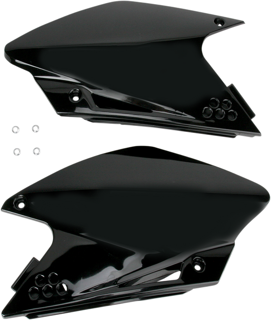 Acerbis black side panels for motorcycle body, product code 2043410001, shown on a clean, detailed motorcycle part.