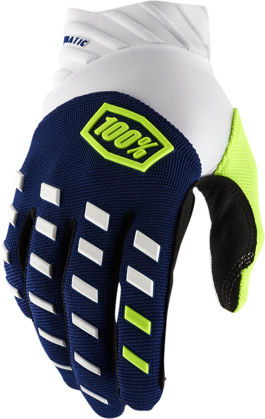 Bill's Exhausts 100% Airmatic gloves in navy and white, XL size, with textured leather palms and breathable fabric backing.