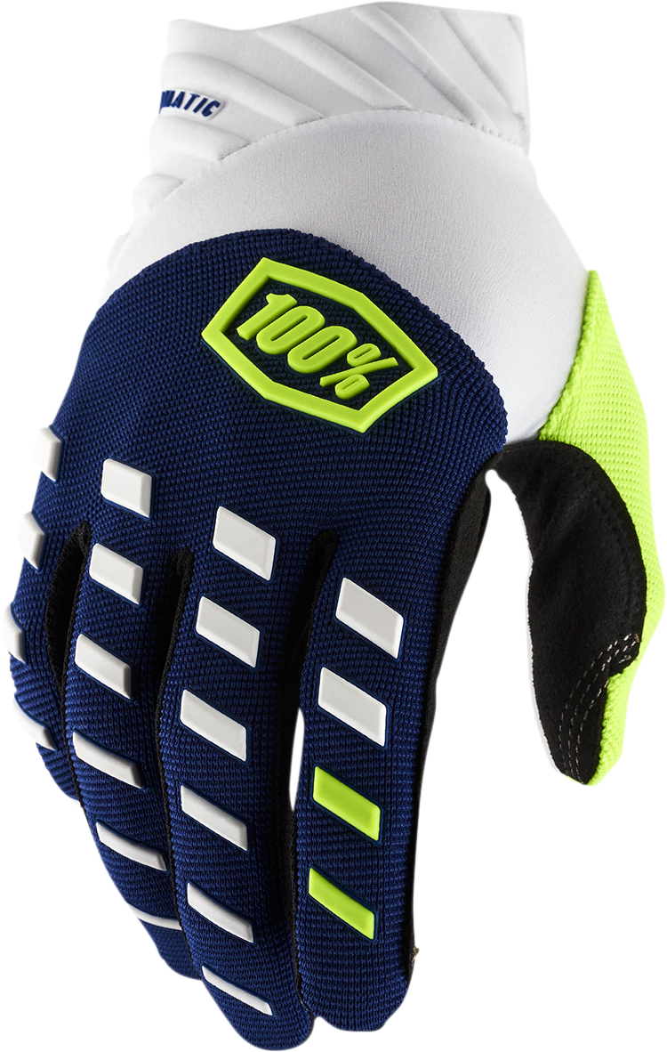 Navy and white 100% Airmatic gloves in large size by Bill's Exhausts, showing the textured fabric and glove design.