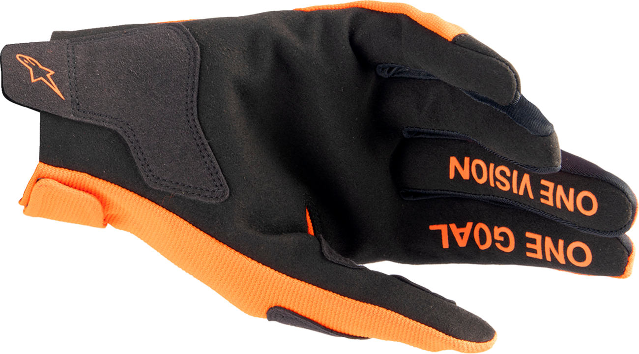 Alpinestars Youth Radar Gloves in hot orange and black, XS size, showing durable motorcycle glove with adjustable strap and protective details.