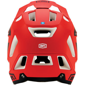 Fluo red Bill's Exhausts 100% Trajecta bicycle helmet with Fidlock clasp, small size, featuring a sleek, aerodynamic design.