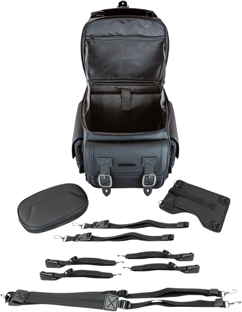 Black Saddlemens BR3400D Sissy Bar Bag mounted on motorcycle seat, showcasing durable storage with straps and secure fastening.