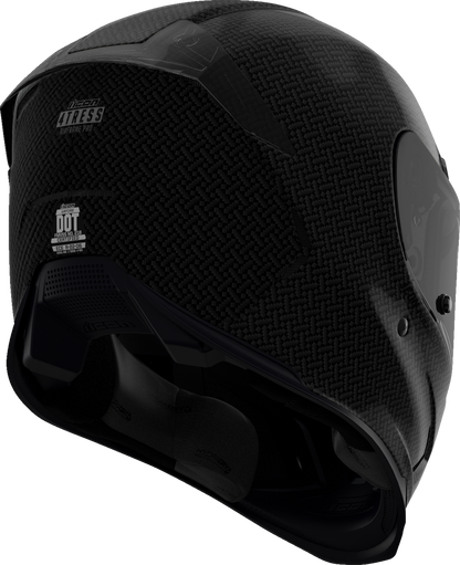 Black ICON Airframe Pro™ helmet with carbon shell in 2XL size, featuring aerodynamic design and secure strap for motorcycle riding.