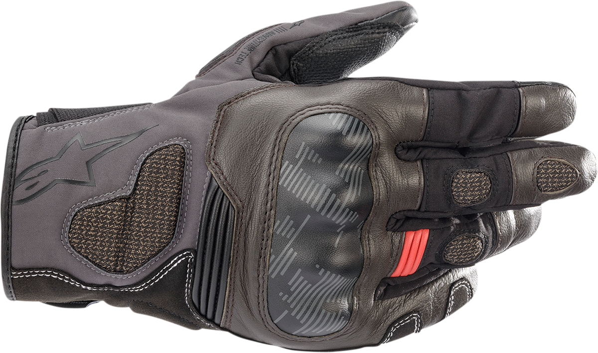 Alpinestars Corozal V2 Drystar motorcycle gloves in brown, black, and dark gray, 3XL size, showing textured leather and protective design.