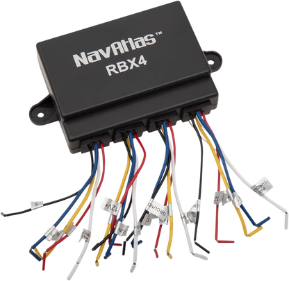 Bill's Exhausts NAVATLAS Relay Box RBX4 engine relay box with four relays, shown in a close-up image with wiring and connectors.