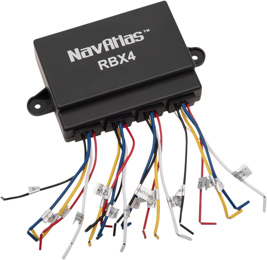 Bill's Exhausts NAVATLAS Relay Box RBX4 engine relay box with four relays, shown in a close-up image with wiring and connectors.