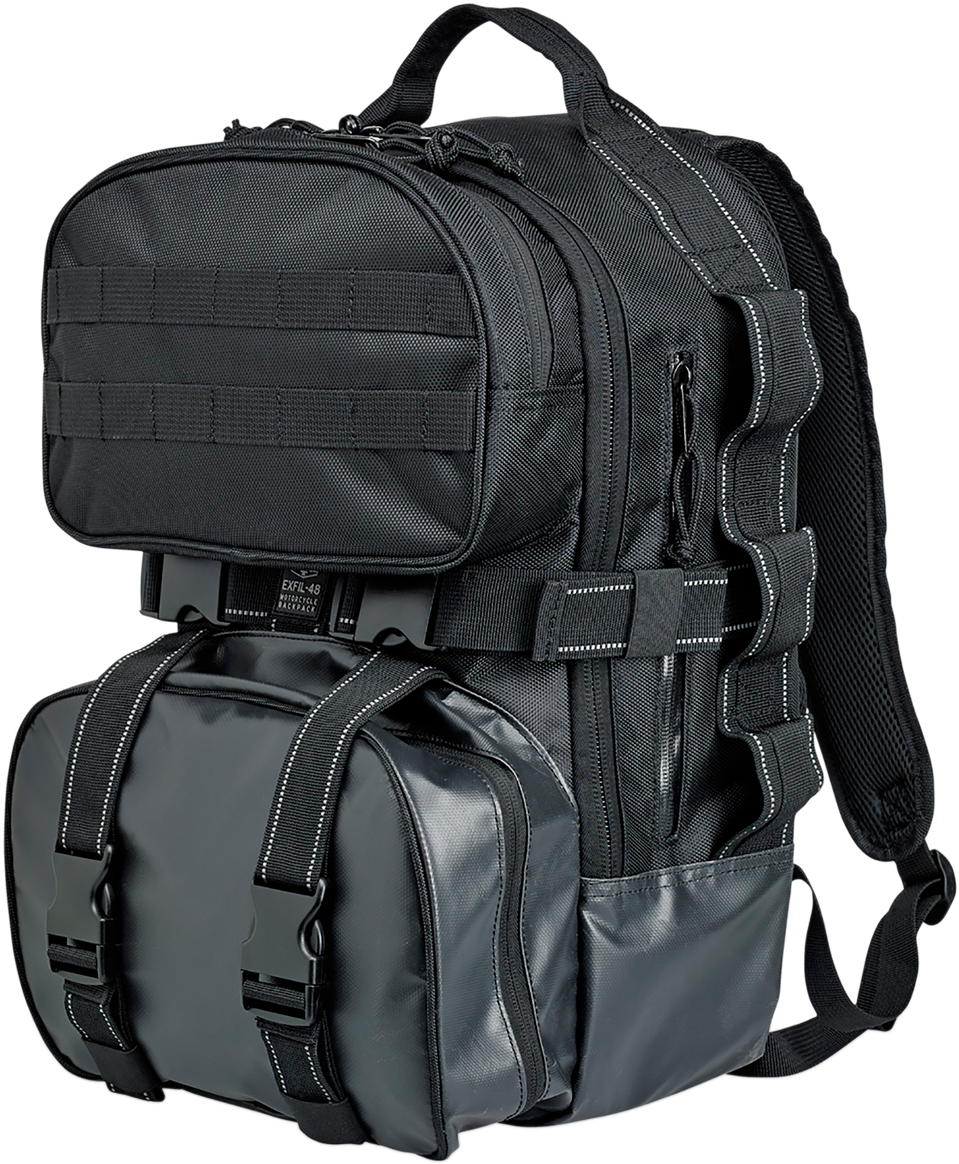 Black BILTWELL EXFIL-48 backpack by Bill's Exhausts, showing durable fabric, spacious compartments, and adjustable straps.