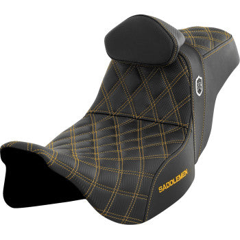 Bill's Exhausts SADDLEMEN Pro Series SDC motorcycle seat with backrest, gold stitching, designed for FLH/FLT models 2008-2023.