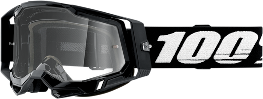Bill's Exhausts 100% Racecraft 2 Goggles in black with clear lenses, designed for racing and motocross protection.