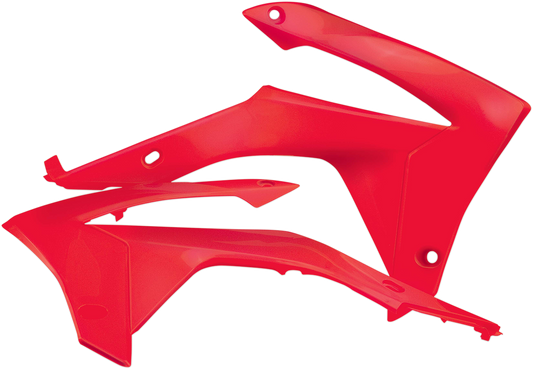 Red ACERBIS radiator shrouds for motorcycle body, featuring a sleek, aerodynamic design with brand-specific details.