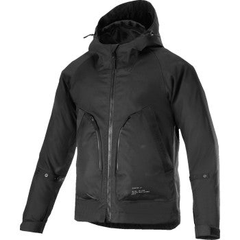 Black Alpinestars Morush WP jacket in XL, showcasing waterproof design, adjustable collar, and zipper pockets.