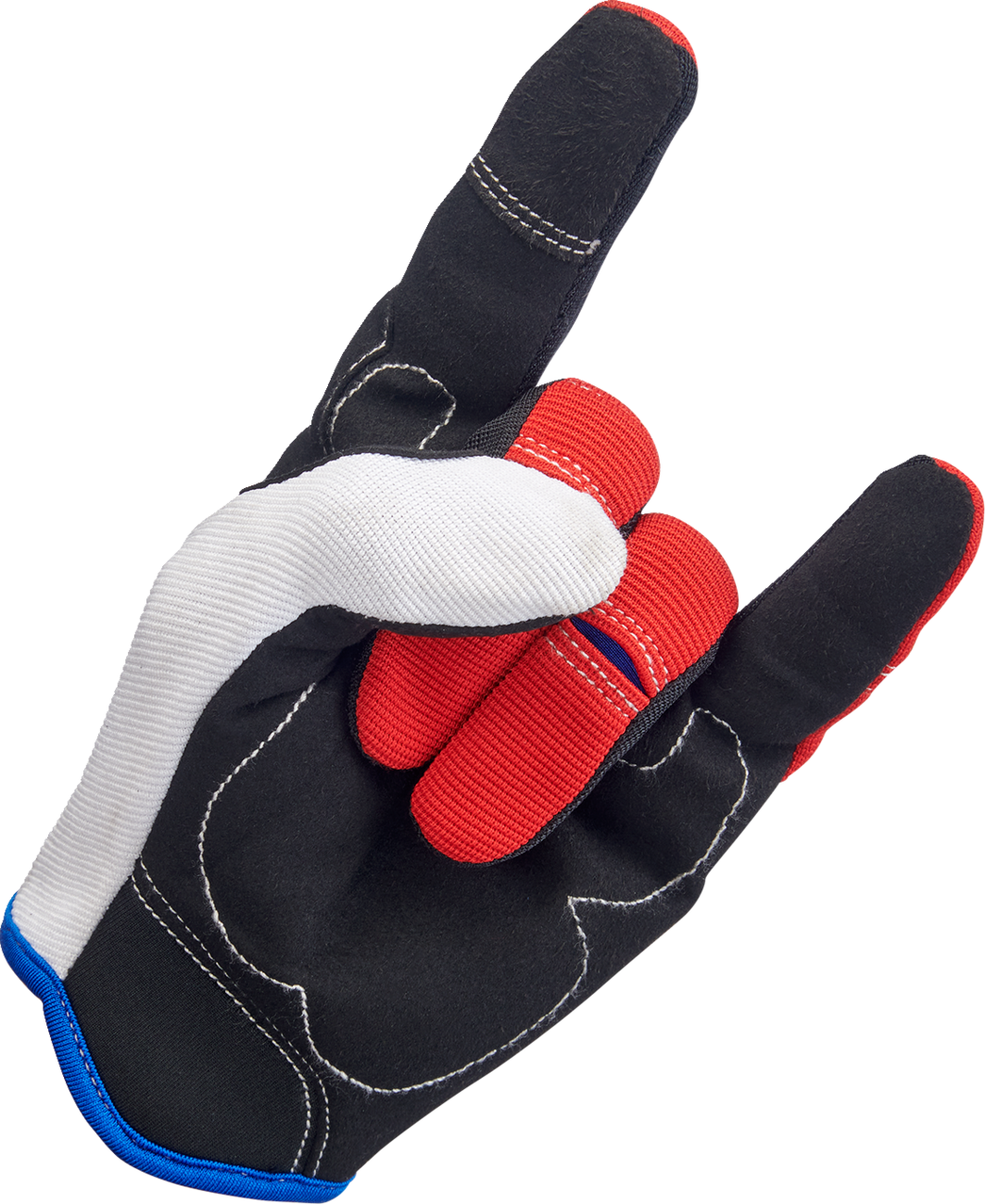 BILTWELL Moto Gloves in red, white, and blue, small size, with protective knuckles and adjustable wrist strap for motorcycle riding.