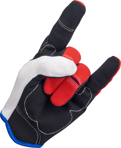 BILTWELL Moto Gloves in red, white, and blue, small size, with protective knuckles and adjustable wrist strap for motorcycle riding.