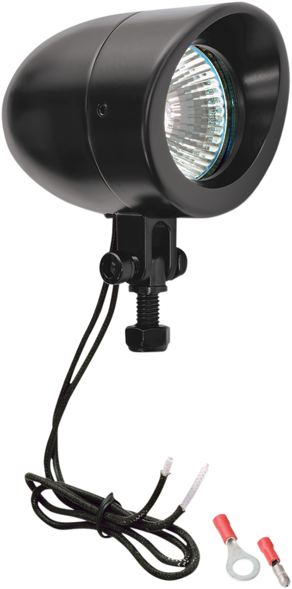 Black SHOW CHROME Mini Driving Light for engines, featuring compact design and mounting brackets, by Bill's Exhausts.
