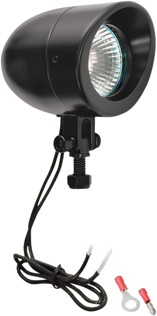 Black SHOW CHROME Mini Driving Light for engines, featuring compact design and mounting brackets, by Bill's Exhausts.