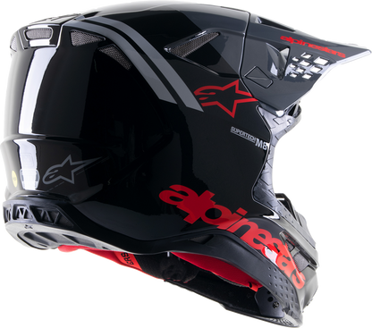 Alpinestars Supertech M8 helmet in gloss black and neon red with MIPS® technology, size XL, shown from the side.