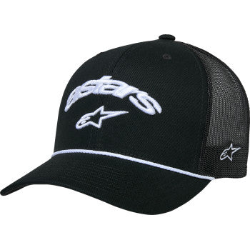 Alpinestars Agree trucker hat in white and black with mesh back, featuring the Alpinestars logo, on a plain background.
