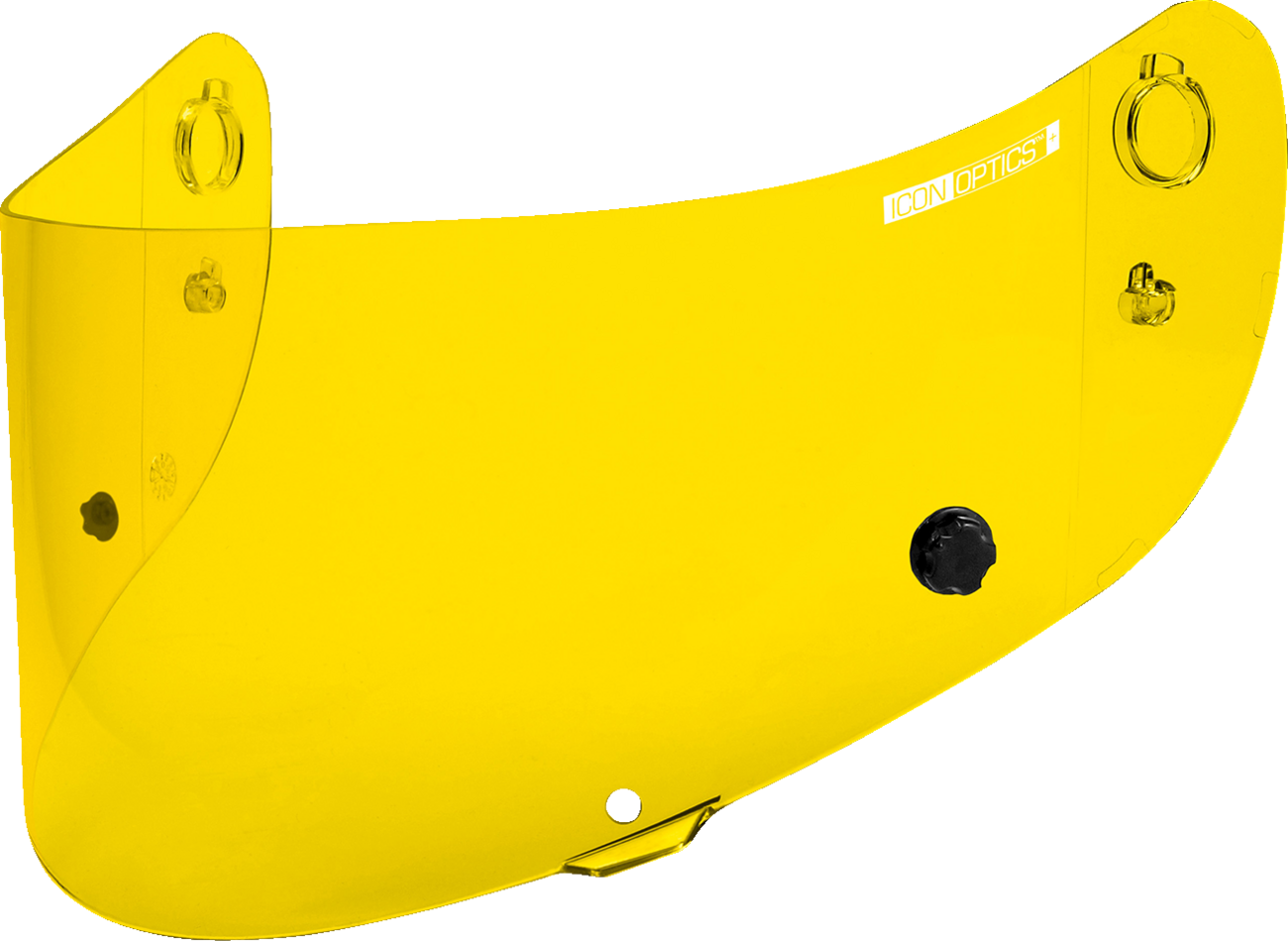 Yellow ICON Optics Tracshield helmet part for ICON helmets, designed for compatibility with Bill's Exhausts models.