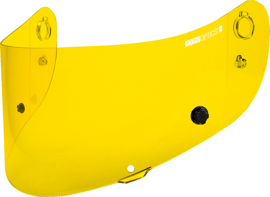 Yellow ICON Optics Tracshield helmet part for ICON helmets, designed for compatibility with Bill's Exhausts models.
