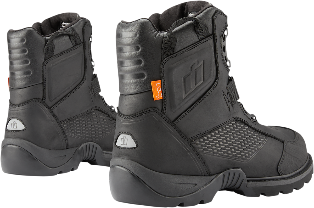 Bill's Exhausts ICON Stormhawk black boots, size 8.5, with sturdy leather and rugged sole, front view showing detailed design