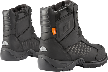 Bill's Exhausts ICON Stormhawk black boots, size 8.5, with sturdy leather and rugged sole, front view showing detailed design