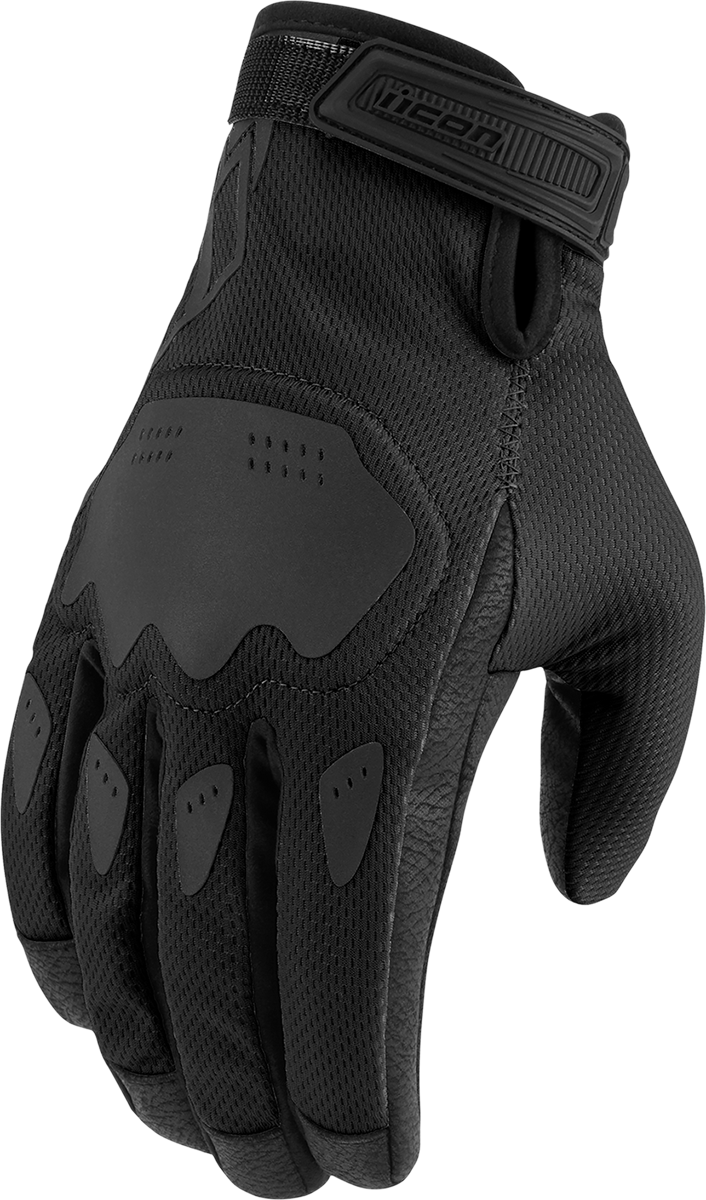 Black ICON Women's Hooligan CE Gloves in XS with reinforced knuckles and adjustable wrist strap, designed for motorcycle riding.