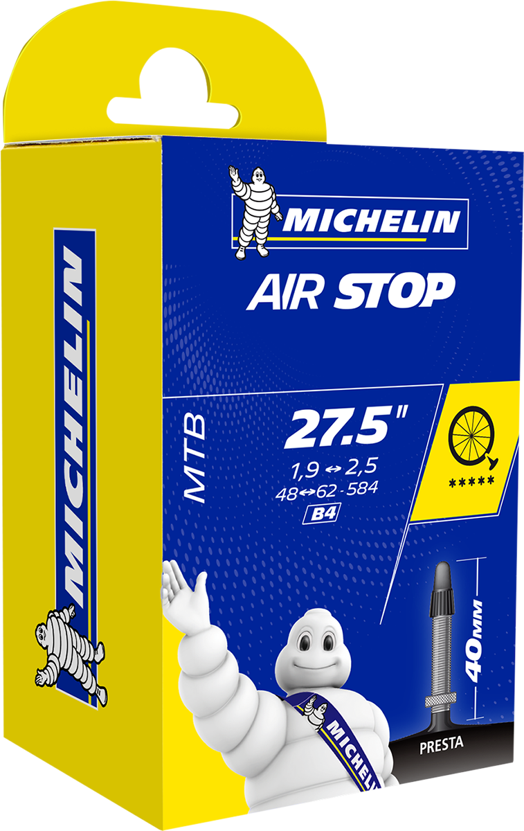 Michelin Air Stop tube for 1.9-2.5 inch tires, 27.5 inches long, Presta valve 40 mm, shown coiled with valve cap.