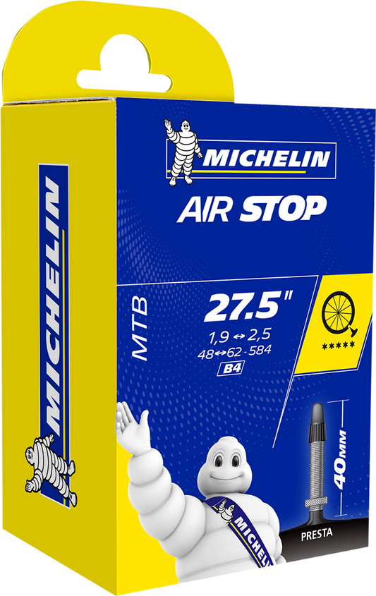 Michelin Air Stop tube for 1.9-2.5 inch tires, 27.5 inches long, Presta valve 40 mm, shown coiled with valve cap.
