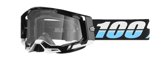 Clear 100% Racecraft 2 goggles by Bill's Exhausts with sleek frame and adjustable strap, designed for racing and extreme sports.