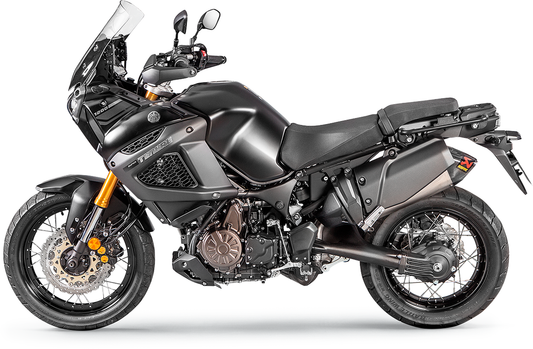 Akrabovic titanium muffler for Yamaha Super Tenere 1200 XT, model S-Y12SO2-HAAT, in stock, showcasing sleek exhaust design.