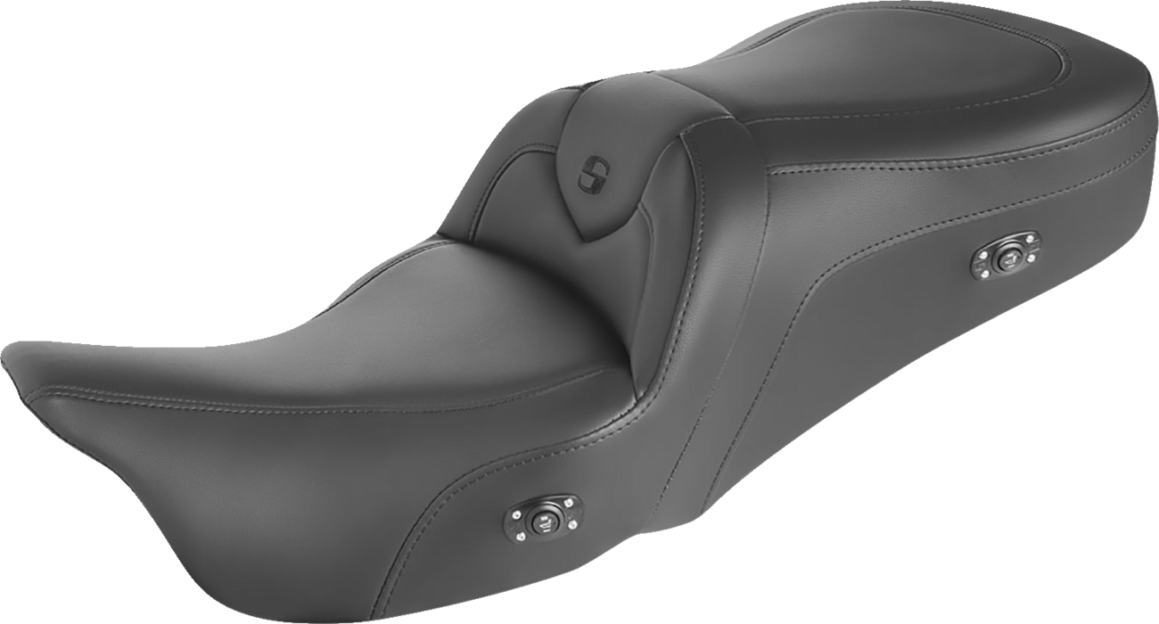 Black SADDLEMEN Heated RoadSofa motorcycle seat with black stitching, designed for comfortable riding without a backrest.