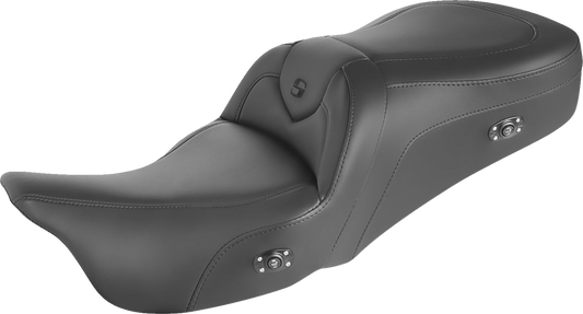 Black SADDLEMEN Heated RoadSofa motorcycle seat with black stitching, designed for comfortable riding without a backrest.