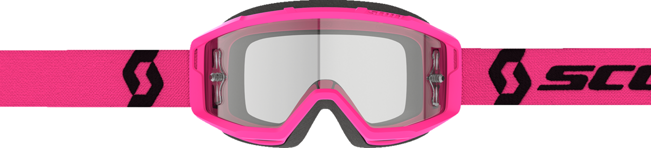 Scott Primal Goggle in pink and black with clear lenses, designed for motorcycle or sports use.