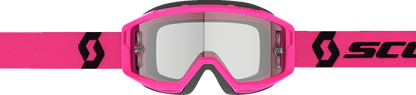 Scott Primal Goggle in pink and black with clear lenses, designed for motorcycle or sports use.