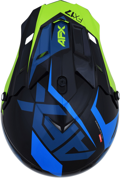 Bill's Exhausts AFX FX-17 helmet in large size, blue and lime color with aerodynamic design and clear visor.